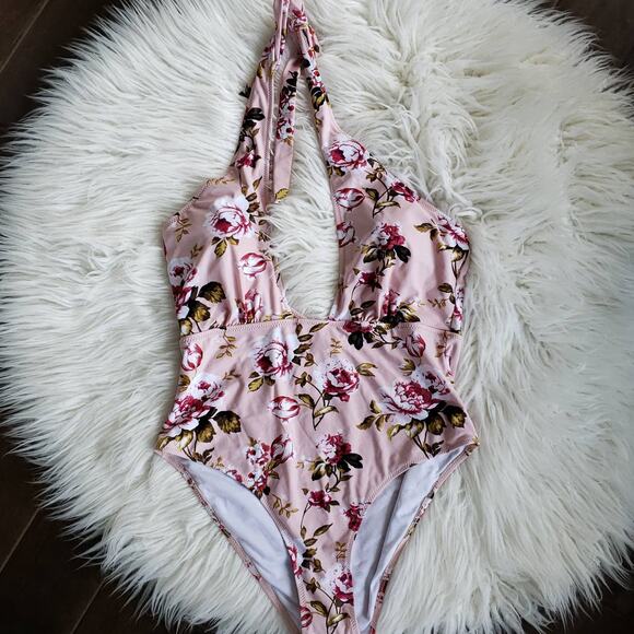 NEW CupShe Pink Floral Halter One Piece Plunging Pink XXL - Picture 3 of 9